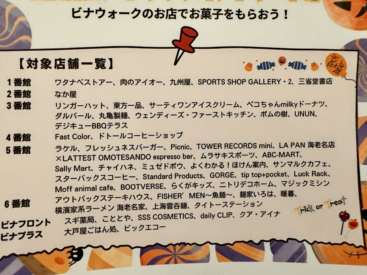 ビナウォーク館内の対象店舗一覧