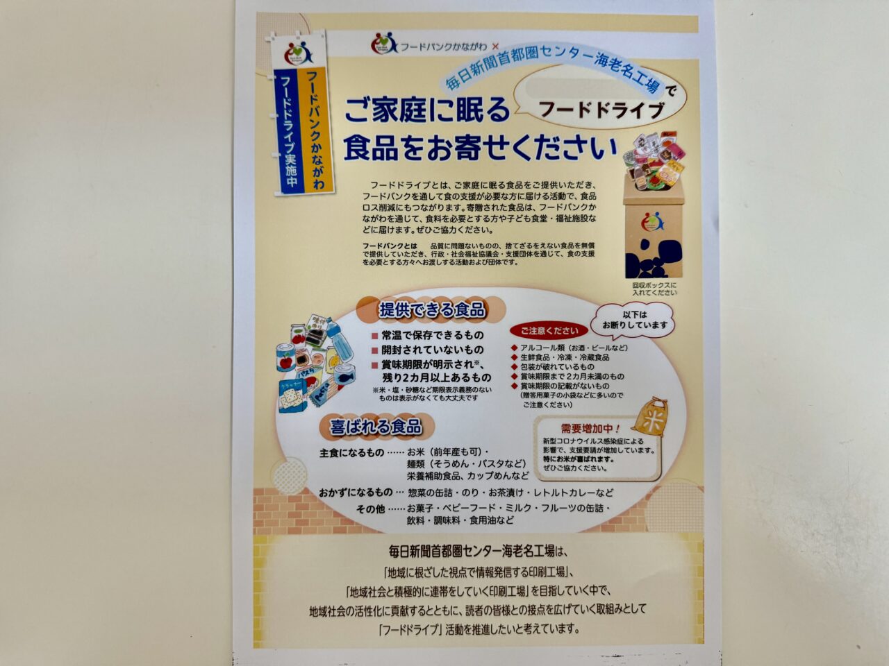 フードバンクかながわによるフードドライブの案内ポスター