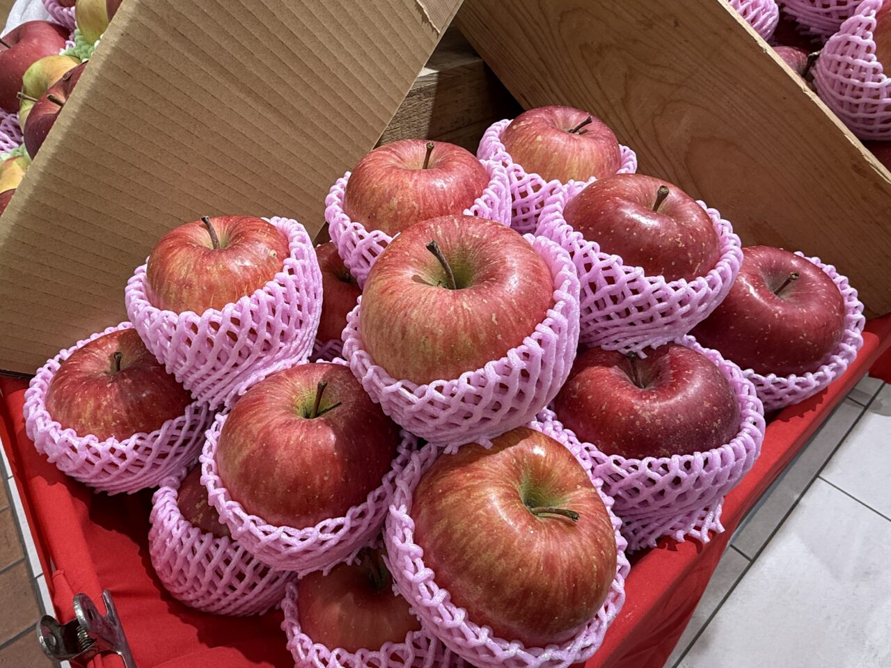 坂本健商店の「ふじ」りんご。大ぶりでツヤのある果皮が特徴。